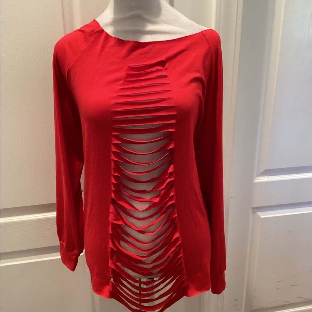 Red Long-Sleeve Slashed Front Women's Top